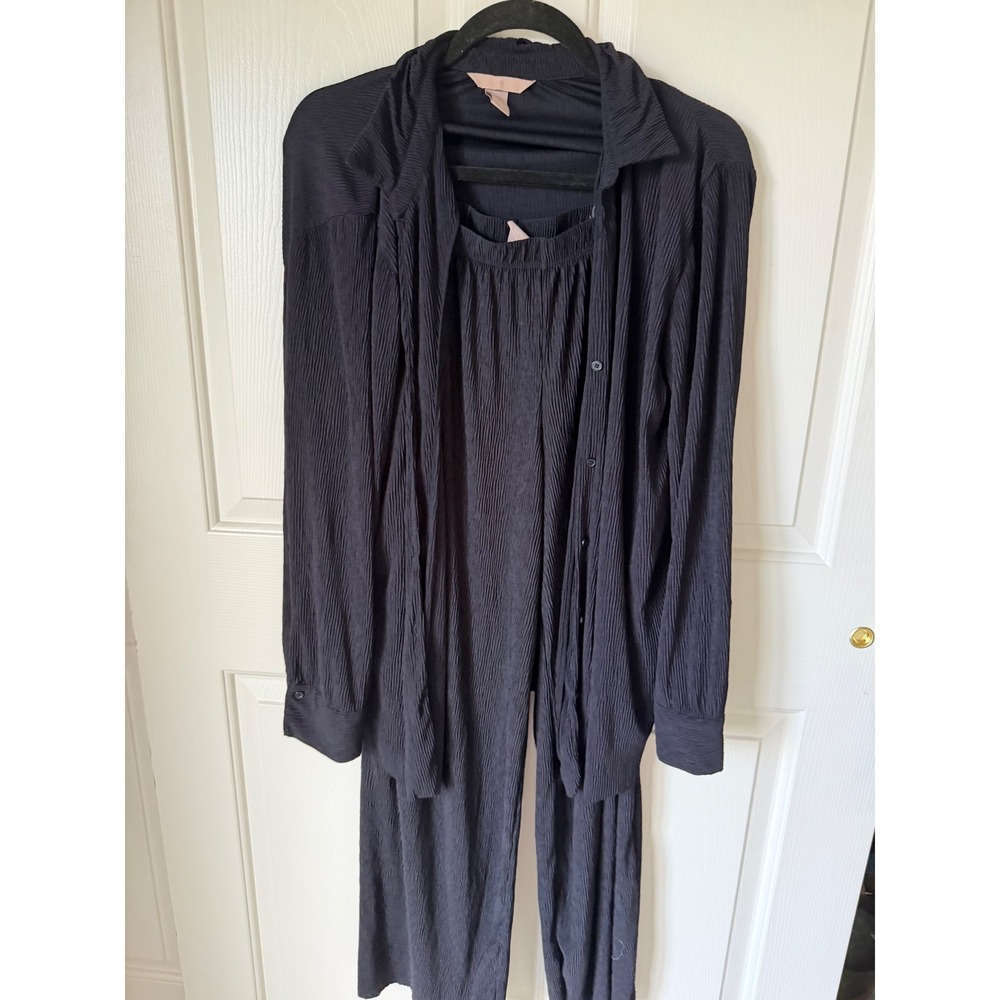 HM Black Plisse 2 Piece Set Button Down Shirt and Wide Leg Pants S XS